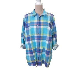 Chaps Womens No Iron Plaid Button Down Shirt 3X Floral Cuff Classic Modest Plus